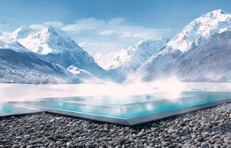 Sources thermales avec vue sur les montagnes enneigées